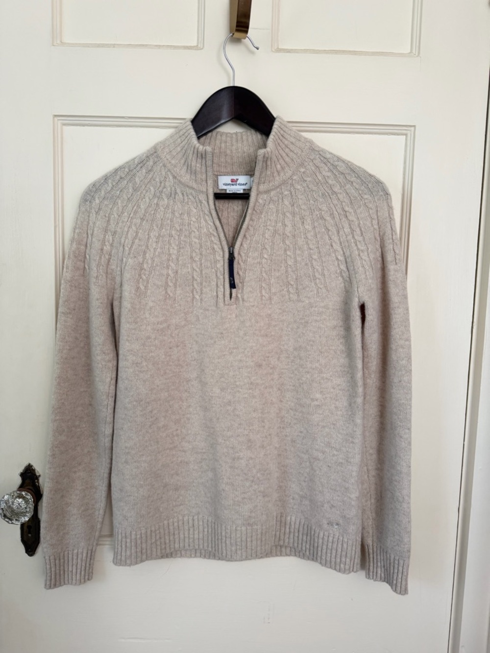 Vineyard Vines oatmeal Beige Lambs Wool Half-Zip Cable Yoke Sweater - Picture 2 of 8